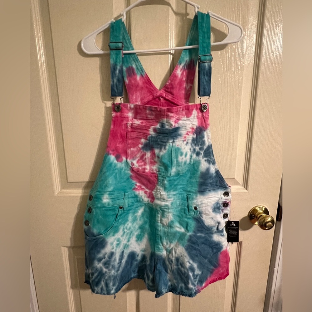 NWT Hot Topic HT Denim Tie Dye Shortalls